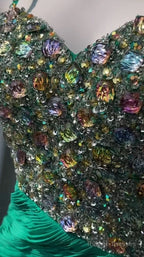 Vintage Green Spaghetti Strap Chiffon A-Line Sequin Rhinestone Prom Dress Beautiful Bridal Dress