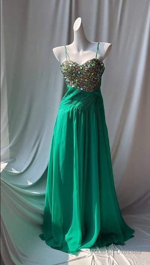 Vintage Green Spaghetti Strap Chiffon A-Line Sequin Rhinestone Prom Dress Beautiful Bridal Dress Main image