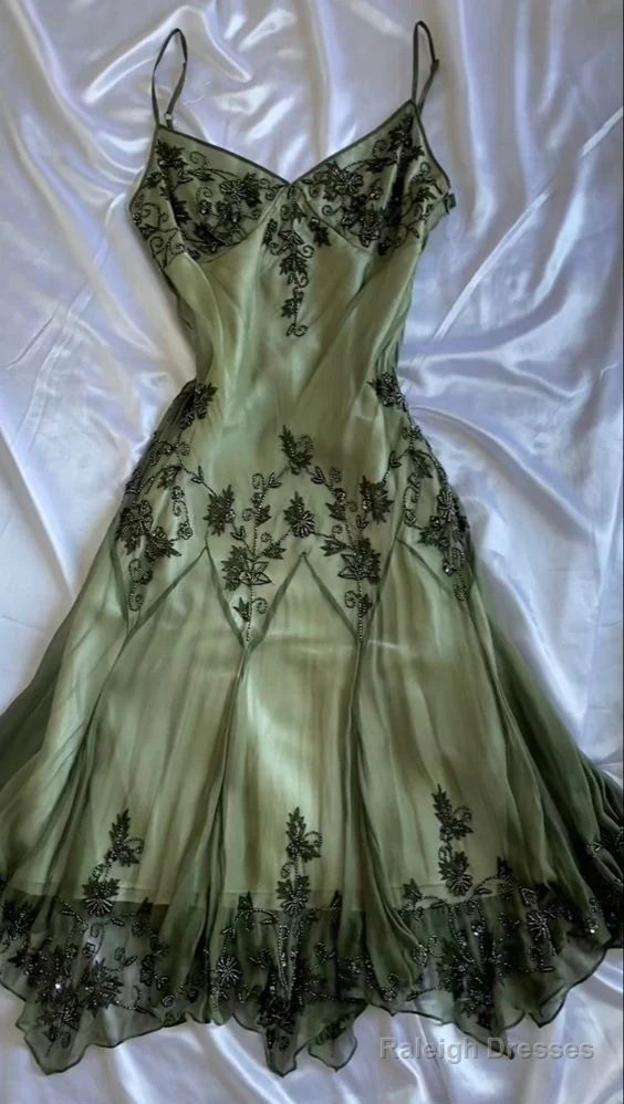 Vintage Green Spaghetti Straps Beaded Prom Dress