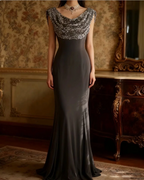 Vintage Black Mermaid Sequin Satin Long Formal Prom Dress