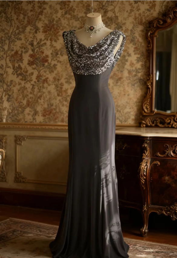 Vintage Black Mermaid Sequin Satin Long Formal Prom Dress