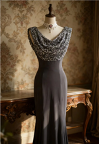 Vintage Black Mermaid Sequin Satin Long Formal Prom Dress