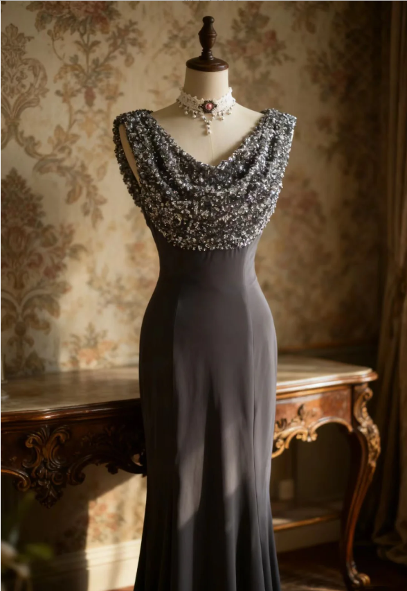 Vintage Black Mermaid Sequin Satin Long Formal Prom Dress