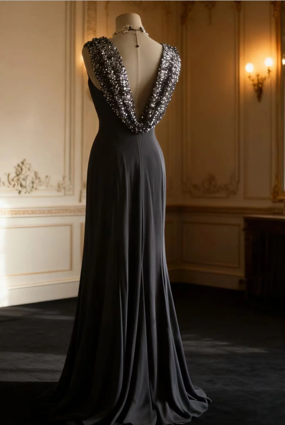 Vintage Black Mermaid Sequin Satin Long Formal Prom Dress