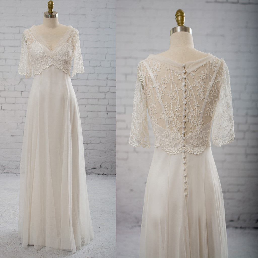 Vintage Half Sleeve V-Neck Elegant See Through Wedding Prom Dress
