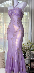 Vintage Halter Mermaid Prom Dress Long Chiffon Beaded Dark Green Long Prom Dress