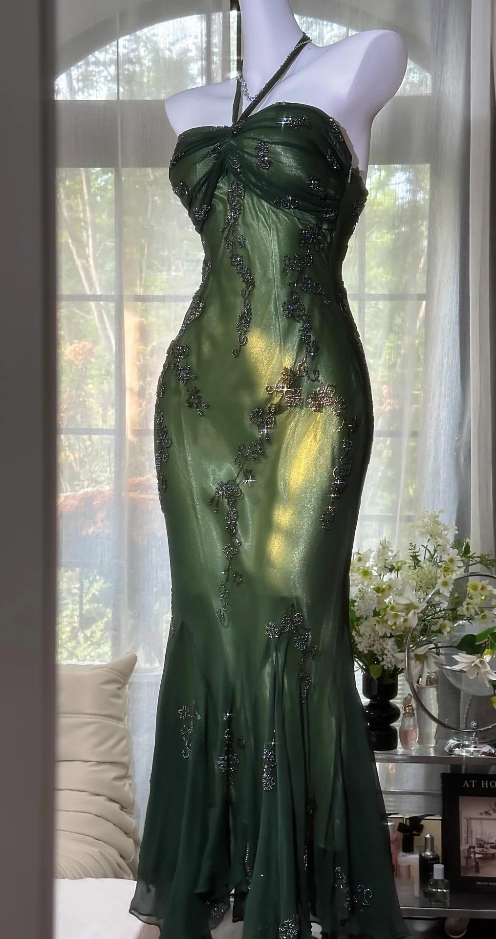 Vintage Halter Mermaid Prom Dress Long Chiffon Beaded Dark Green Long Prom Dress Secondary image