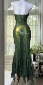 Vintage Halter Mermaid Prom Dress Long Chiffon Beaded Dark Green Long Prom Dress