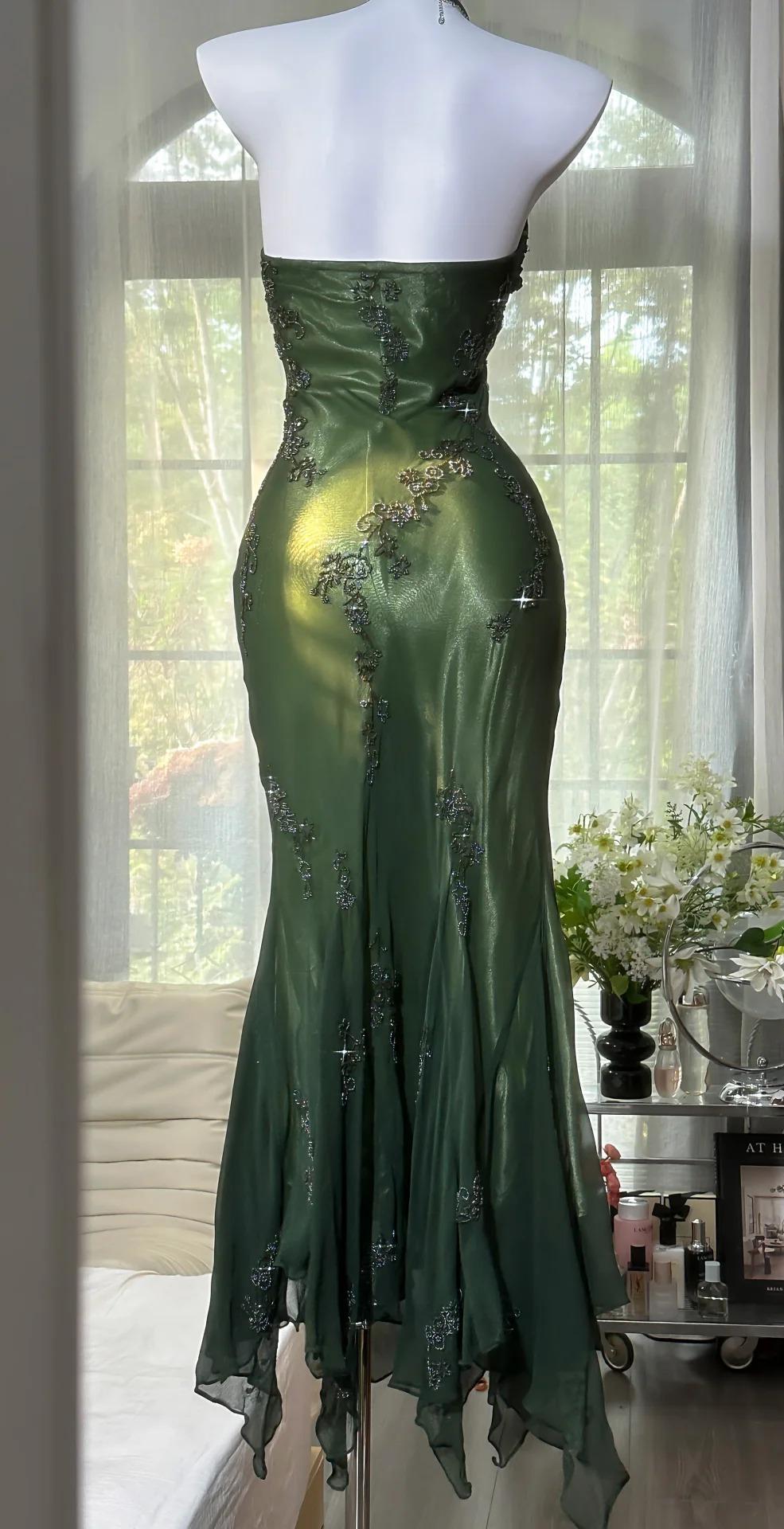 Vintage Halter Mermaid Prom Dress Long Chiffon Beaded Dark Green Long Prom Dress