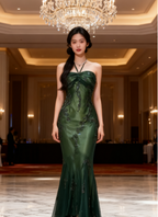Vintage Halter Mermaid Prom Dress Long Chiffon Beaded Dark Green Long Prom Dress