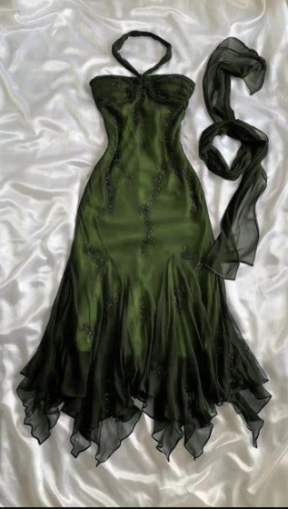 Vintage Halter Mermaid Prom Dress Long Chiffon Beaded Dark Green Long Prom Dress