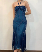 Vintage Halter Mermaid Prom Dress Long Chiffon Beaded Dark Green Long Prom Dress