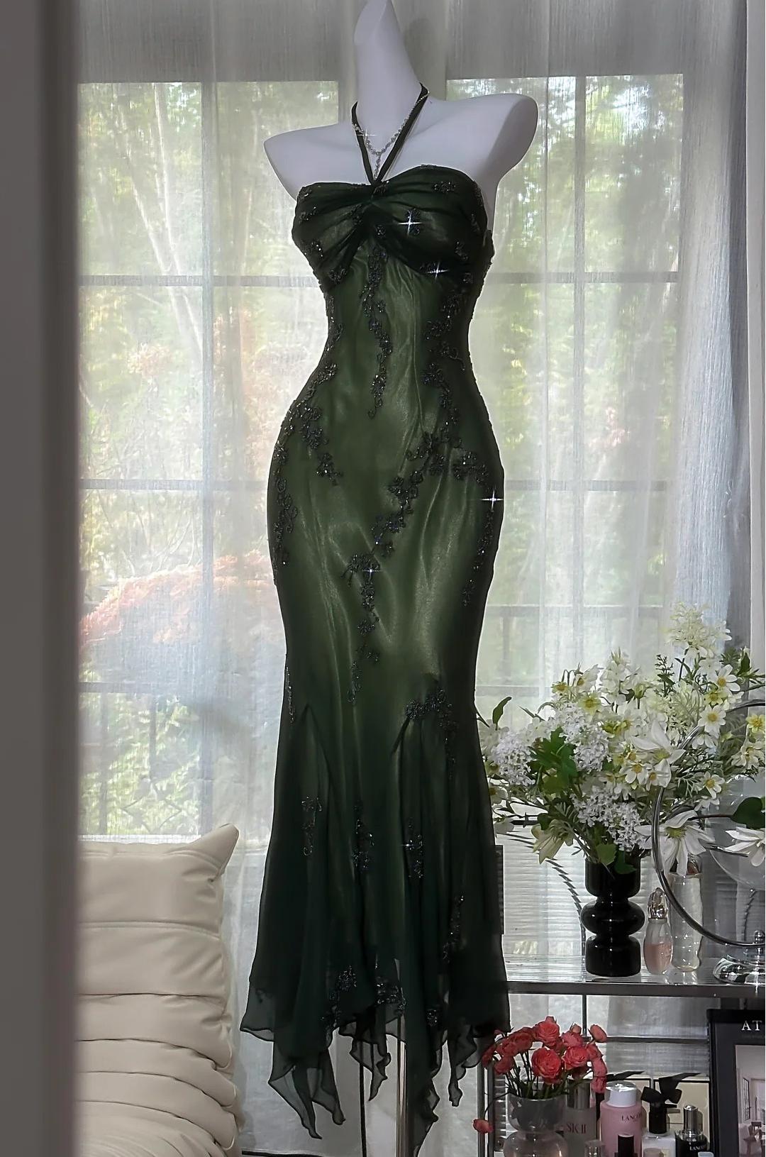 Vintage Halter Mermaid Prom Dress Long Chiffon Beaded Dark Green Long Prom Dress Main image