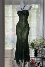 Vintage Halter Mermaid Prom Dress Long Chiffon Beaded Dark Green Long Prom Dress