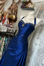 Vintage Halter Sheath Prom Dress Long Beaded Satin Blue Prom Dress Sleeveless Birthday Dress