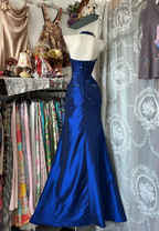 Vintage Halter Sheath Prom Dress Long Beaded Satin Blue Prom Dress Sleeveless Birthday Dress