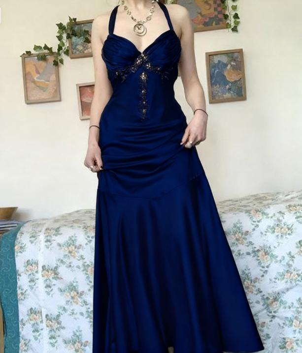 Vintage Halter V Neck Beaded Appliques 90S Prom Dresses Mermaid Prom Dresses
