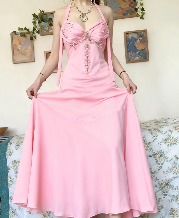 Vintage Halter V Neck Beaded Appliques 90S Prom Dresses Mermaid Prom Dresses