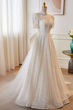 Vintage High Collar White Lace Wedding Dresses With Keyhole Back