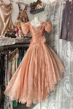 Vintage High Low Short Sleeves Flowers Prom Dresses