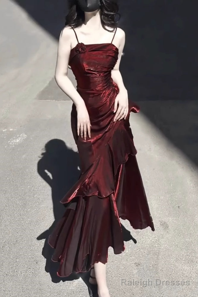 Vintage High Low Spaghetti Straps Burgundy Long Party Dresses Birthday Outfits