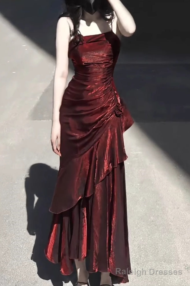 Vintage High Low Spaghetti Straps Burgundy Long Party Dresses Birthday Outfits Main image