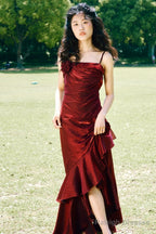 Vintage High Low Spaghetti Straps Ruffles Burgundy Prom Dresses Birthday Outfits