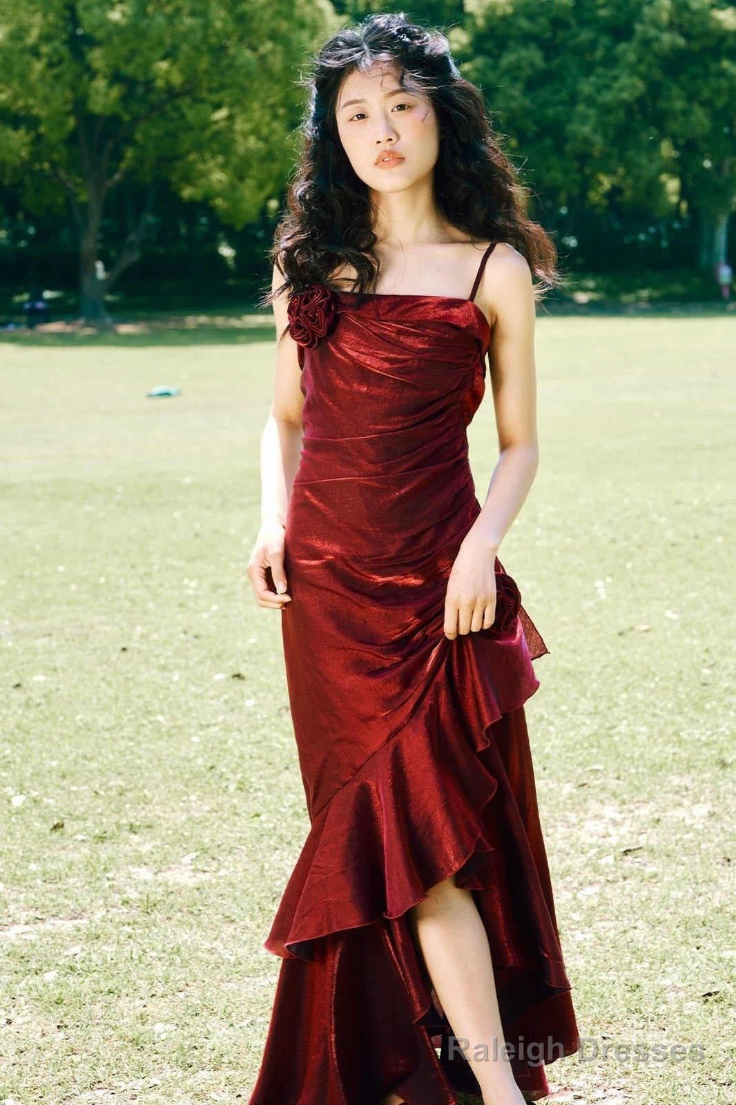 Vintage High Low Spaghetti Straps Ruffles Burgundy Prom Dresses Birthday Outfits