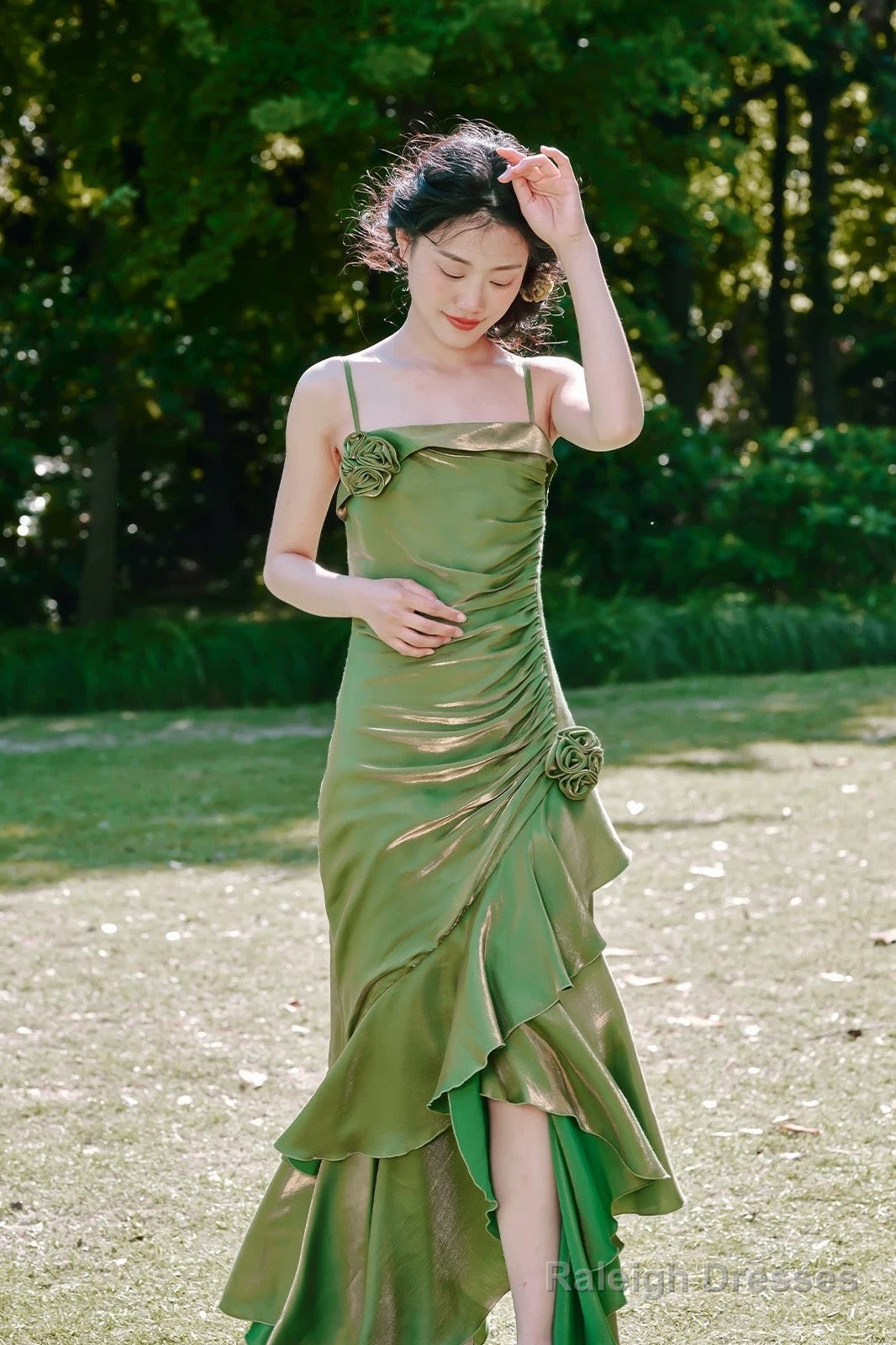 Vintage High Low Spaghetti Straps Ruffles Green Prom Dresses Birthday Outfits Secondary image