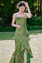Vintage High Low Spaghetti Straps Ruffles Green Prom Dress Birthday Outfits