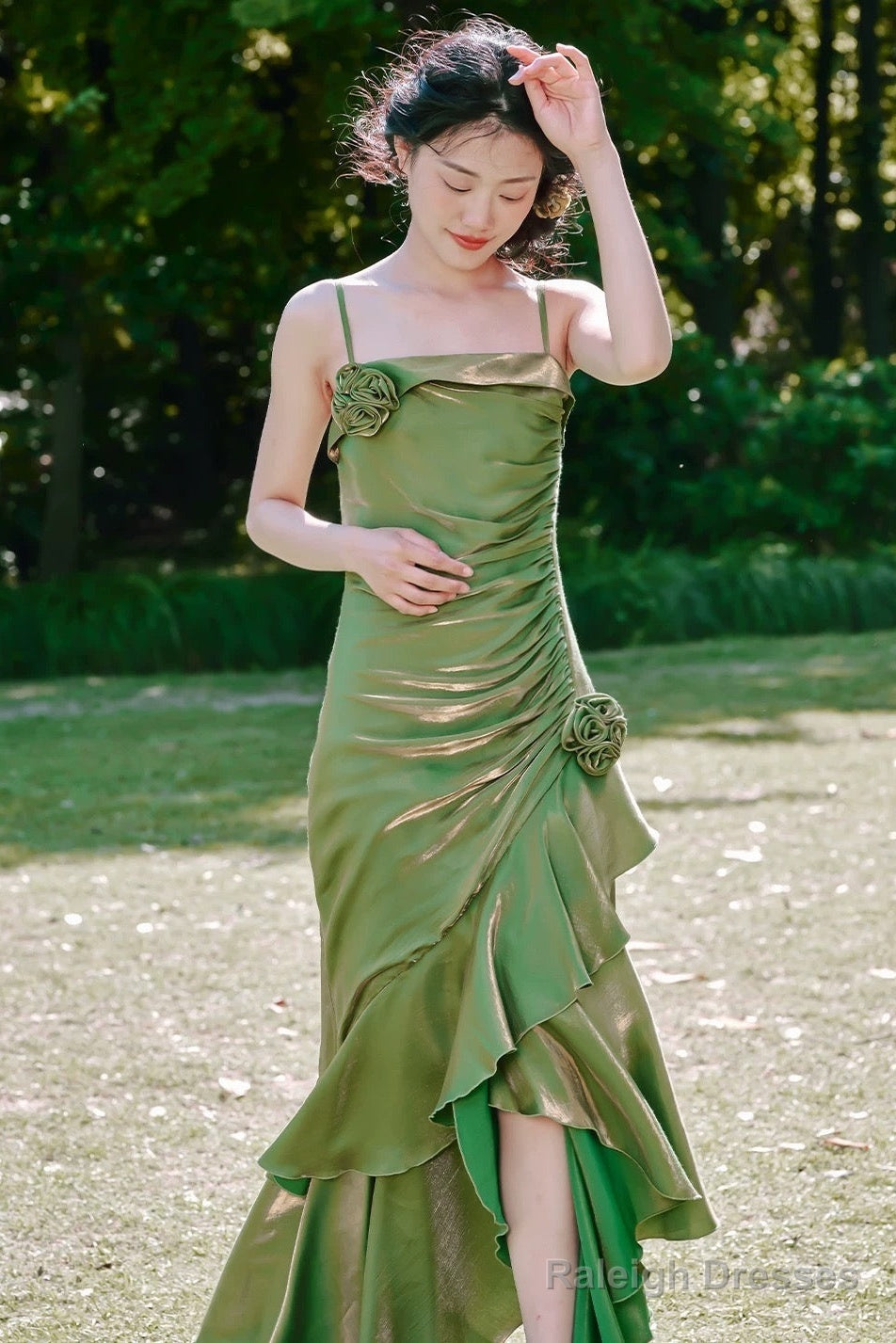 Vintage High Low Spaghetti Straps Ruffles Green Prom Dress Birthday Outfits