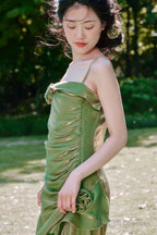 Vintage High Low Spaghetti Straps Ruffles Green Prom Dress Birthday Outfits