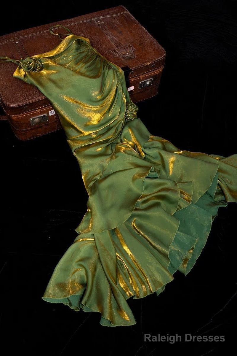 Vintage High Low Spaghetti Straps Ruffles Green Prom Dress Birthday Outfits