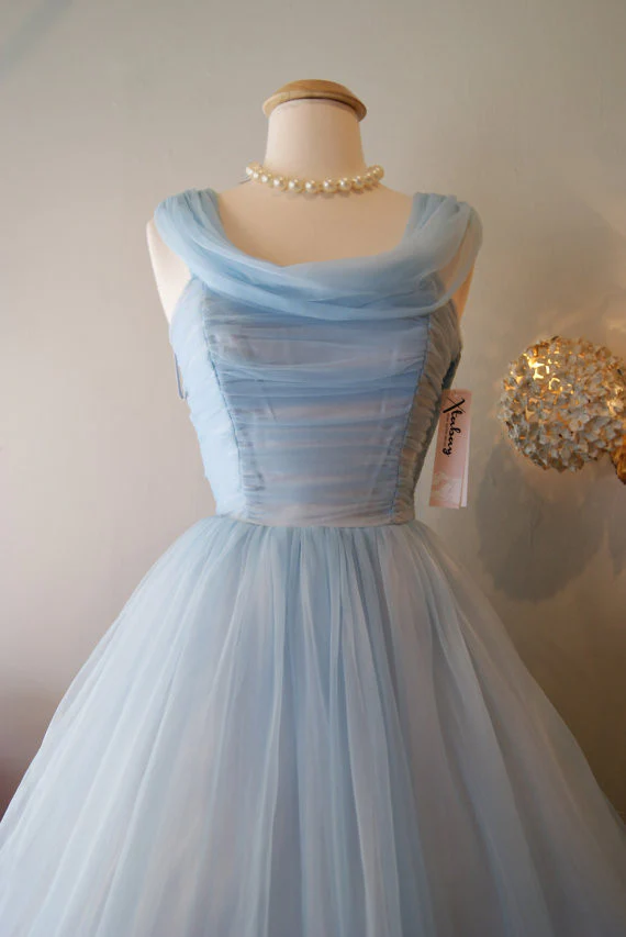 Blue Vintage Fashion Long Tulle Elegant Homecoming Dress Prom Dress Evening Dress Party Dress Bridesmaid Dress