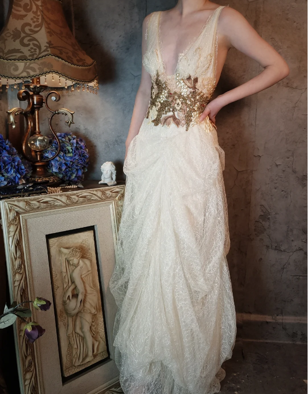 Vintage Ivory Deep V-Neck Beaded 3D Floral Lace Long Formal Prom Dress Main image