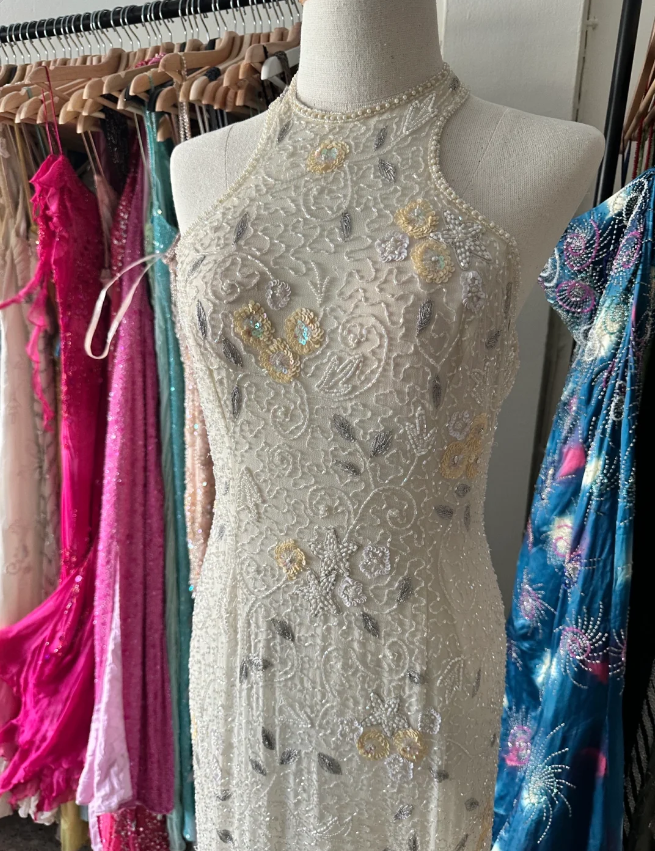 Vintage Ivory Mermaid High-Neck Beaded Floral Mesh Long Formal Prom Dress Secondary image