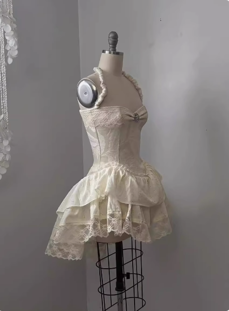 Vintage Jacquard Halter Neck Lace Trim Mini Birthday Skirt Homecoming Dress