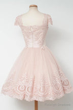 Vintage Knee-Length A-Line Pearl Pink Homecoming Dresses With Lace