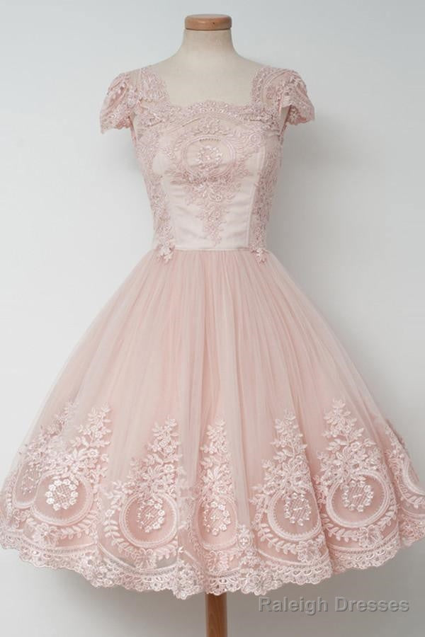 Vintage Knee-Length A-Line Pearl Pink Homecoming Dresses With Lace Main image