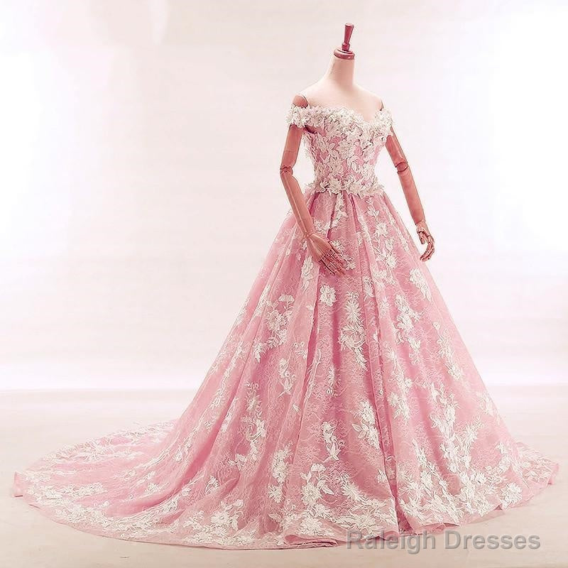 Vintage Lace Appliques Off Shoulder Pink Lace Wedding Dress Ball Gowns