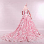 Vintage Lace Appliques Off Shoulder Pink Lace Wedding Dress Ball Gowns