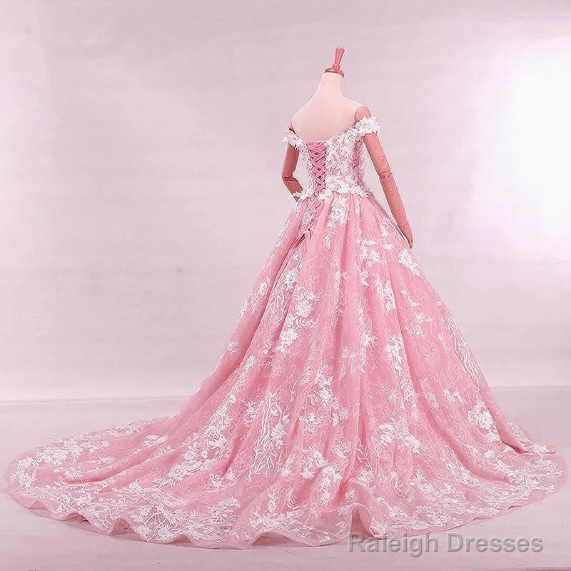 Vintage Lace Appliques Off Shoulder Pink Lace Wedding Dress Ball Gowns