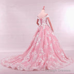 Vintage Lace Appliques Off Shoulder Pink Lace Wedding Dresses Ball Gown