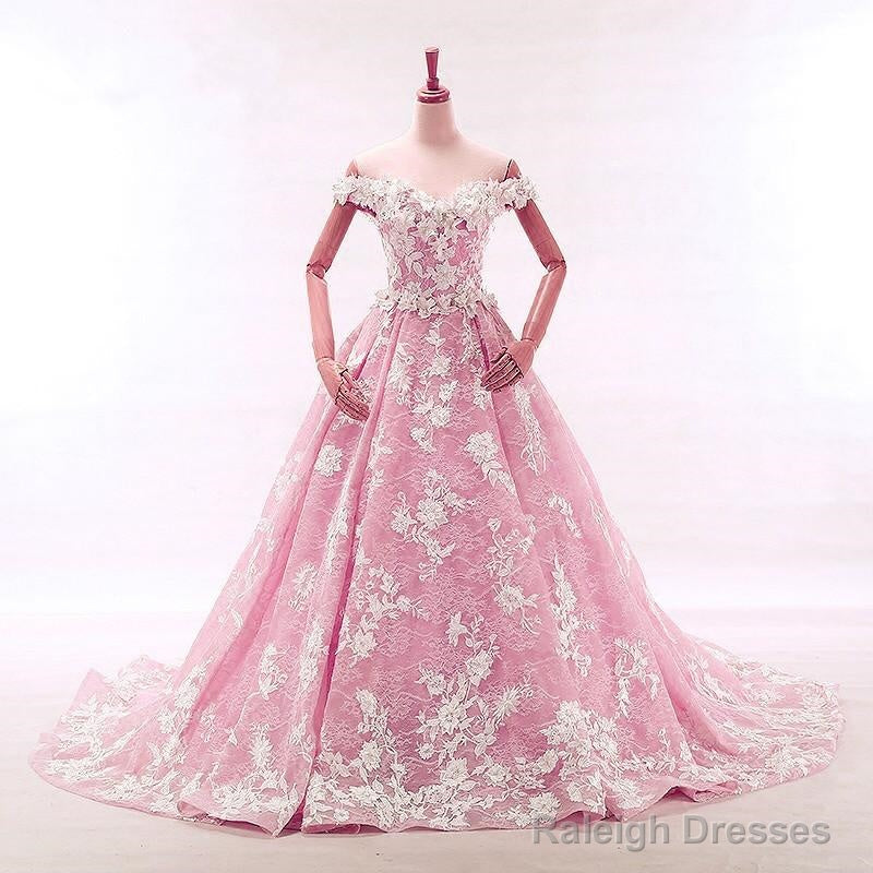 Vintage Lace Appliques Off Shoulder Pink Lace Wedding Dress Ball Gowns