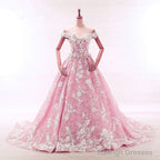 Vintage Lace Appliques Off Shoulder Pink Lace Wedding Dresses Ball Gown