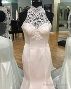 Vintage Lace Halter Satin Mermaid Fitting Wedding Dress