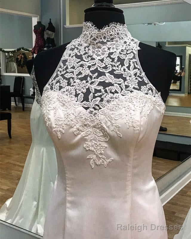 Vintage Lace Halter Satin Mermaid Fitting Wedding Dress