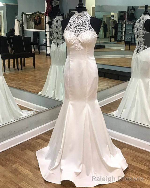 Vintage Lace Halter Satin Mermaid Fitting Wedding Dresses
