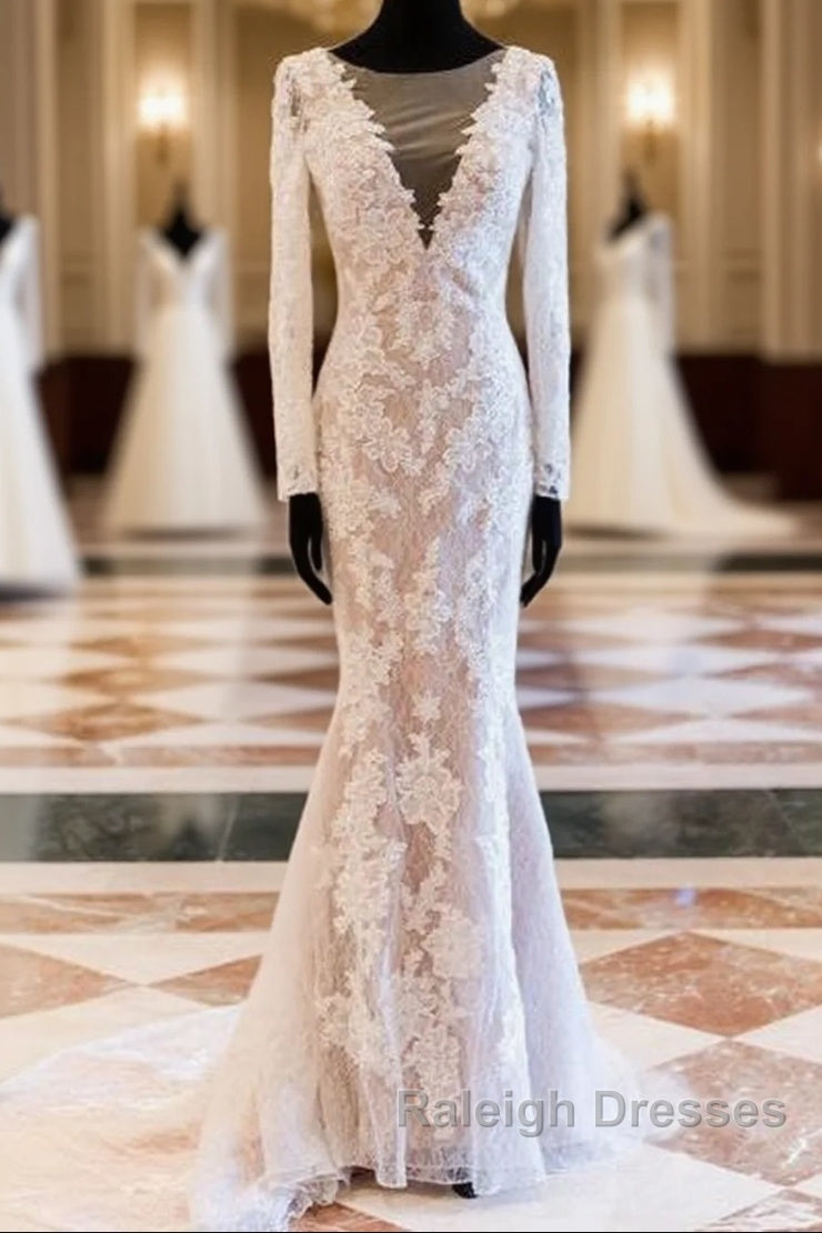 Vintage Lace Long Sleeve See Through Back Nude Mermaid Wedding Dresses,