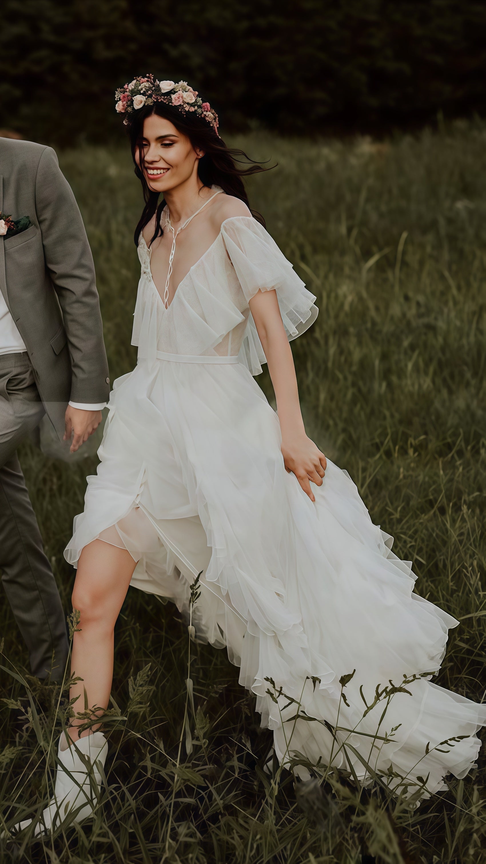 Vintage Lace Ruffle Prom Dresses White Wedding Dress With Slit